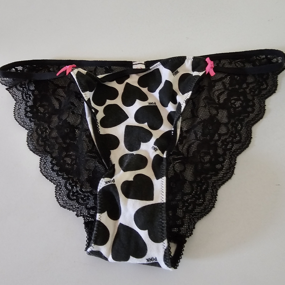 Victoria Secret Black Lace Heart Print String Bikini Panties Limited Edition